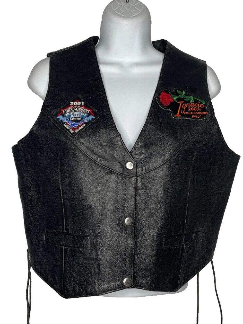 Vintage Y2K Unik Biker Vest Size L Black Pebbled Leather Side Laces Rally Patch